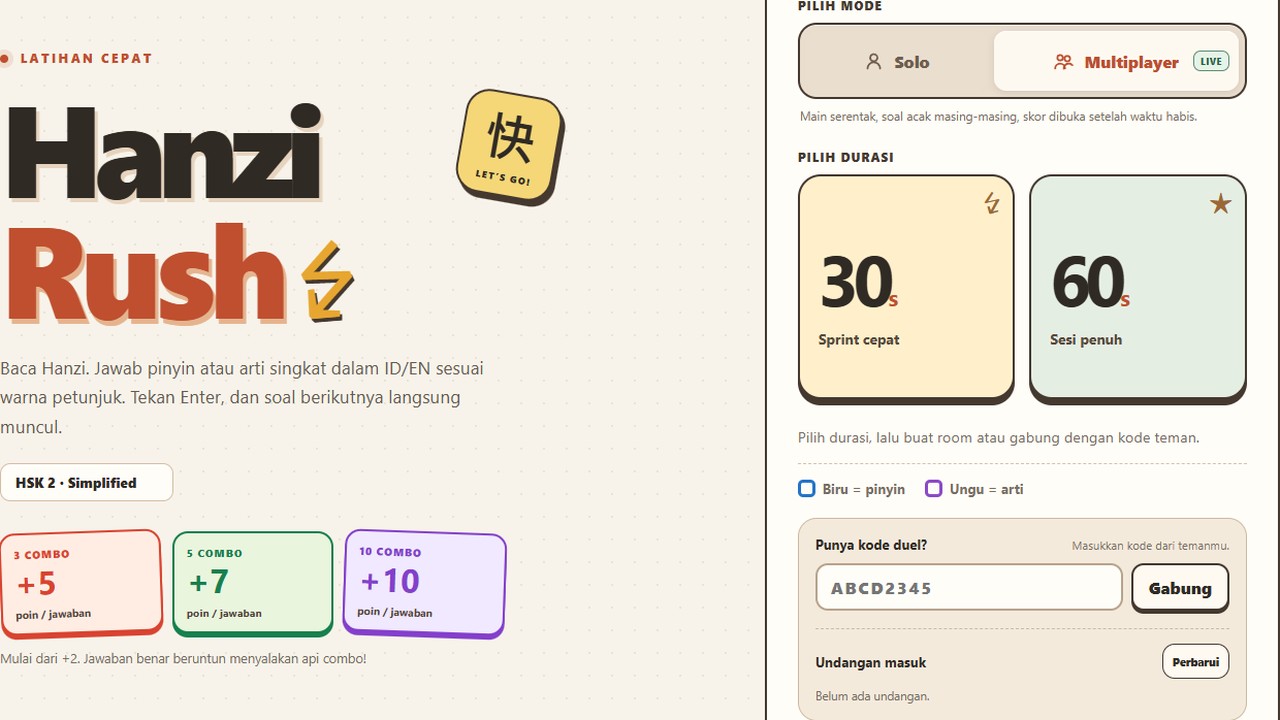 Game Hanzi Rush dengan pilihan mode multiplayer