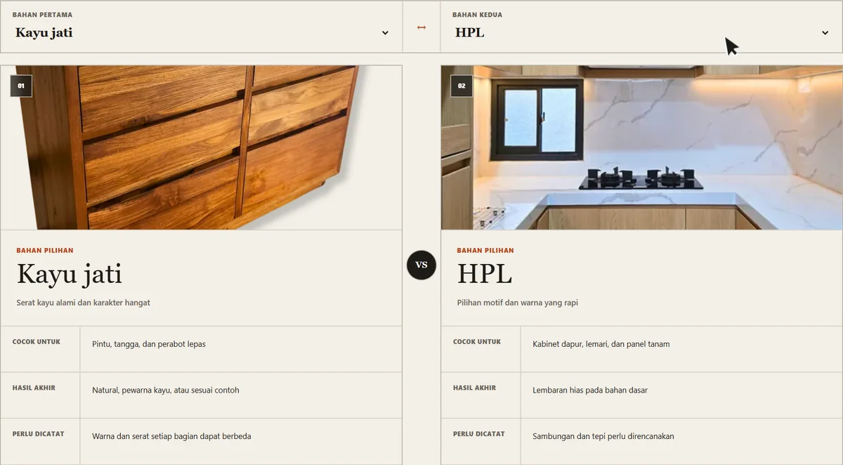 Dua kartu bahan yang bisa dibandingkan pada website interior