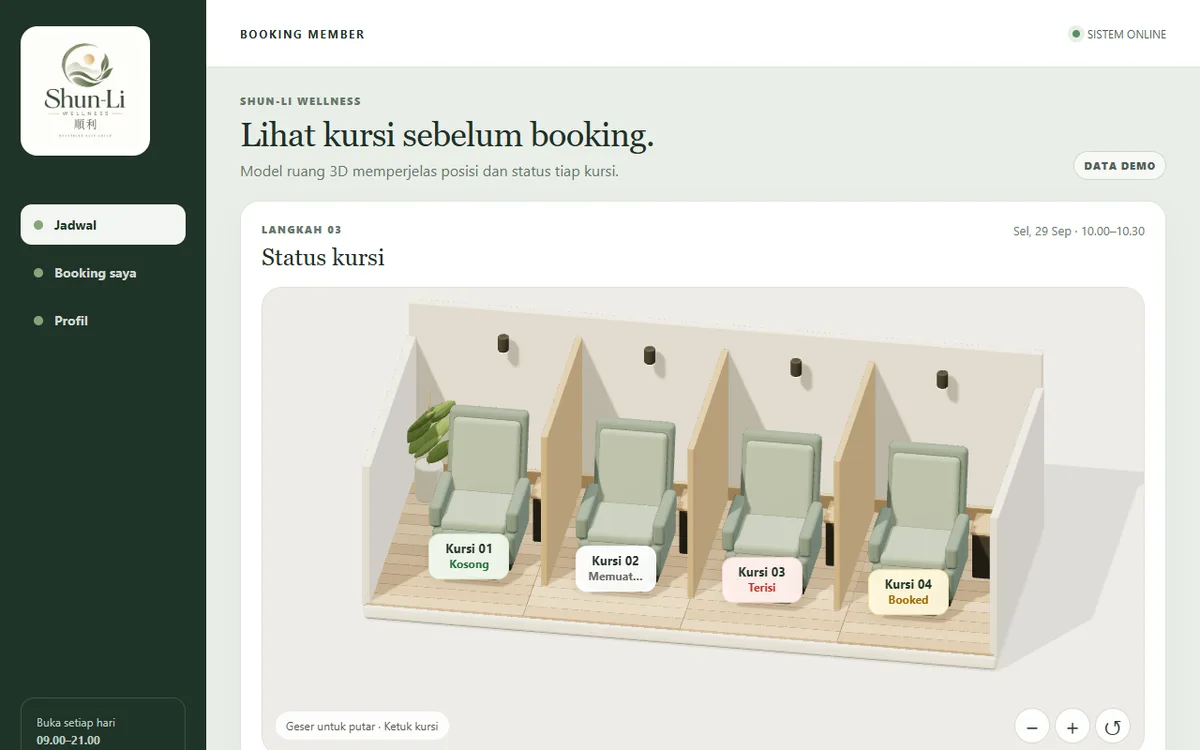 Tampilan ruang tiga dimensi untuk memilih kursi yang tersedia